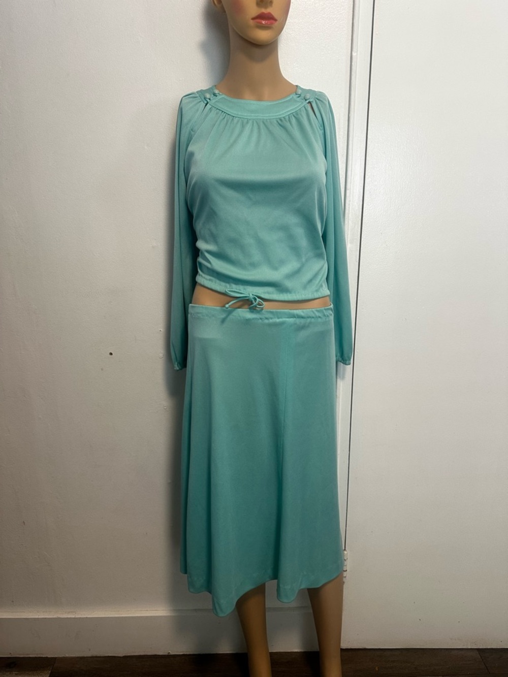 Vintage 70s The Villager Aqua Knit Skirt Set Mod Button Shoulder Top M/L RN